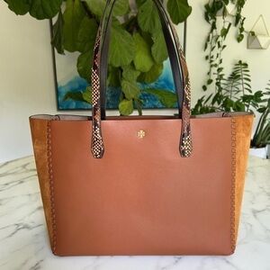 Tory Burch Blake Mixed Material Tote Leather Suede Snake Curio Brown Whipstitch